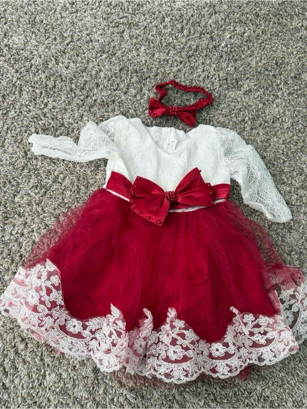 12-18 month beautiful White & Red Lace Tulle Party Dress with Bow